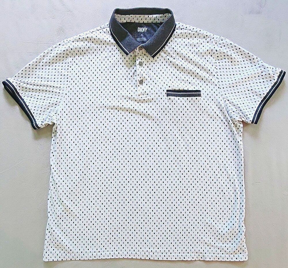 DKNY Men's XL White Allover Logo Print Stretch Polo Shirt, Short Sleeve